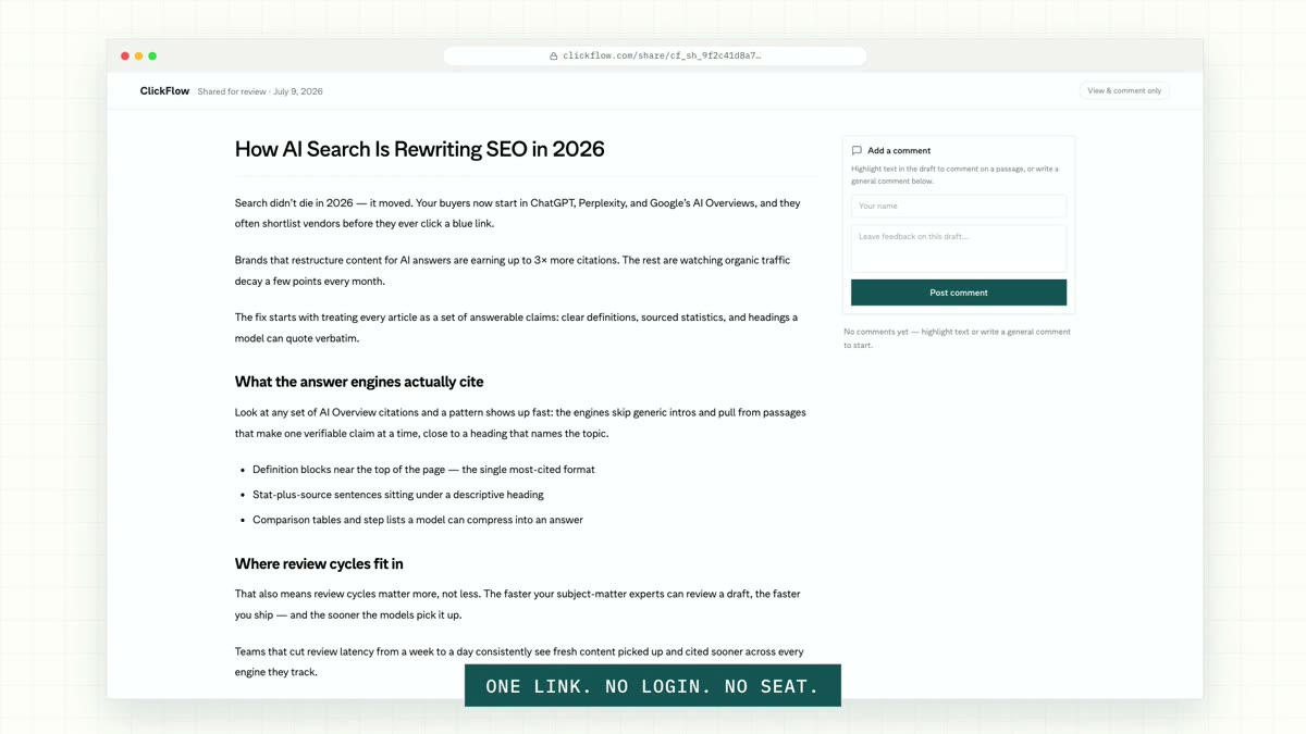 The guest review page: a clean article view with a comment panel, no login required