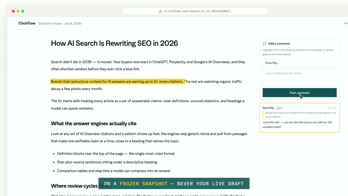 A posted guest comment card anchored to a highlighted sentence
